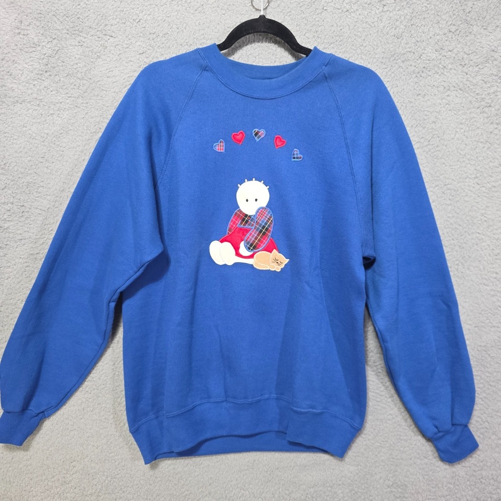 Vtg Russell Super Weights Sweatshirt L USA Blue Hearts Doll Cat Plaid 80s 90s